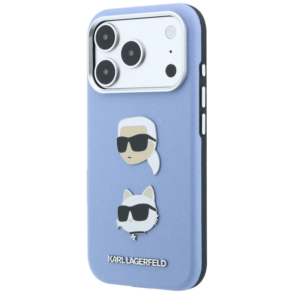 Coque pour Apple iPhone 18 Pro / 17 Pro, Karl Lagerfeld, Saffiano avec épingle représentant les têtes de Karl et Choupette et logo, bleu