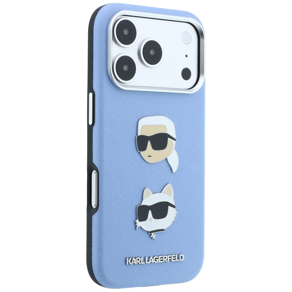 Coque pour Apple iPhone 18 Pro / 17 Pro, Karl Lagerfeld, Saffiano avec épingle représentant les têtes de Karl et Choupette et logo, bleu