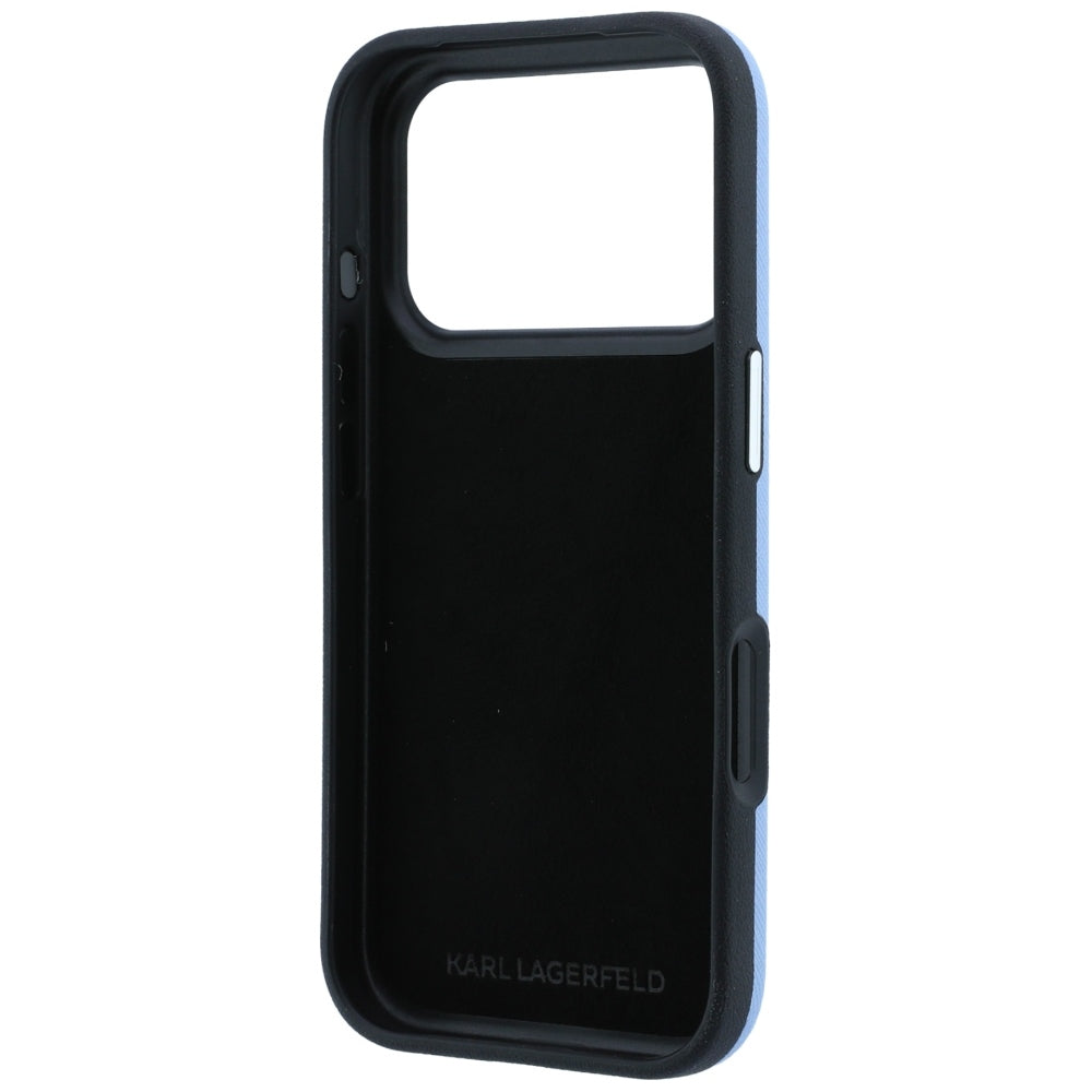 Coque pour Apple iPhone 18 Pro / 17 Pro, Karl Lagerfeld, Saffiano avec épingle représentant les têtes de Karl et Choupette et logo, bleu