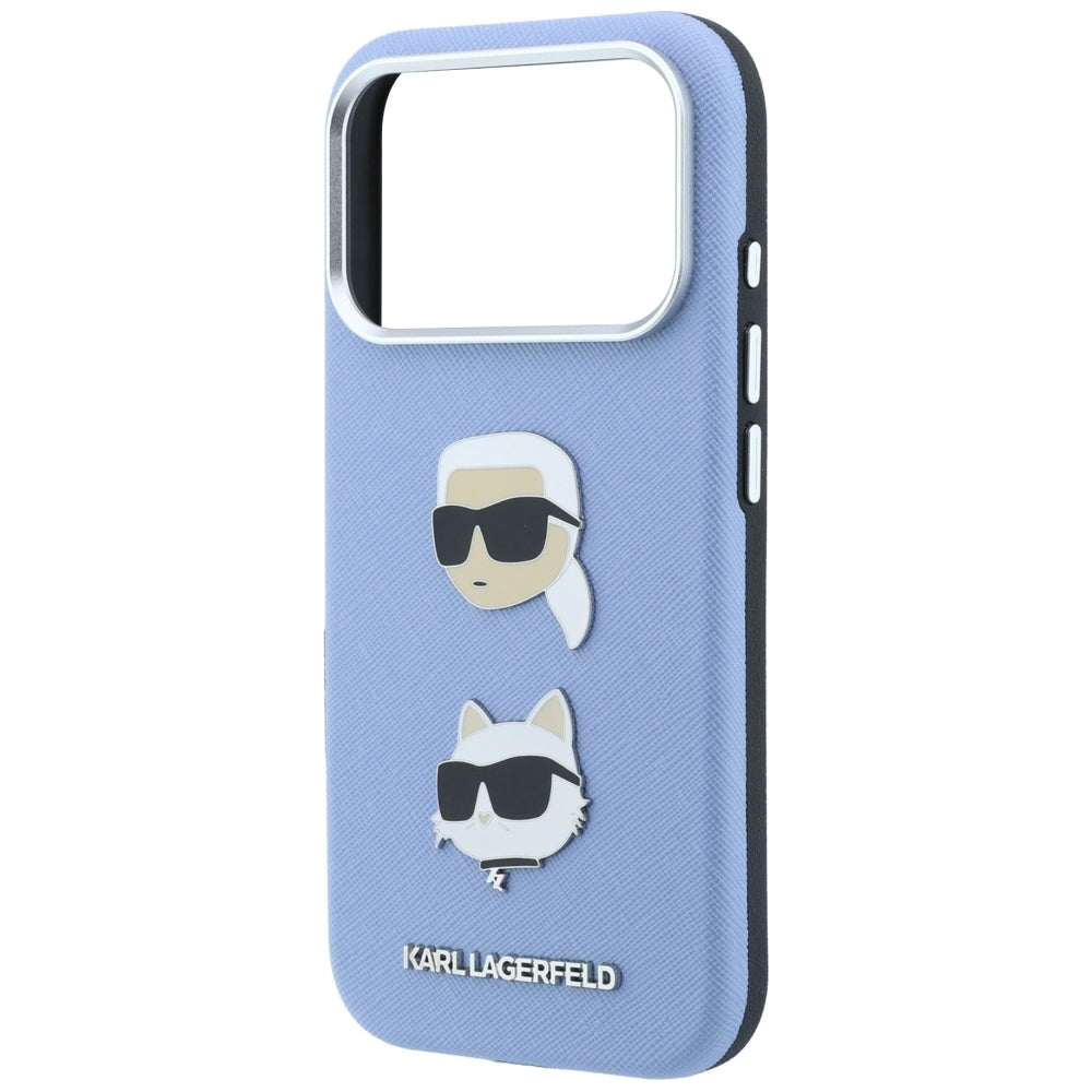Coque pour Apple iPhone 18 Pro / 17 Pro, Karl Lagerfeld, Saffiano avec épingle représentant les têtes de Karl et Choupette et logo, bleu