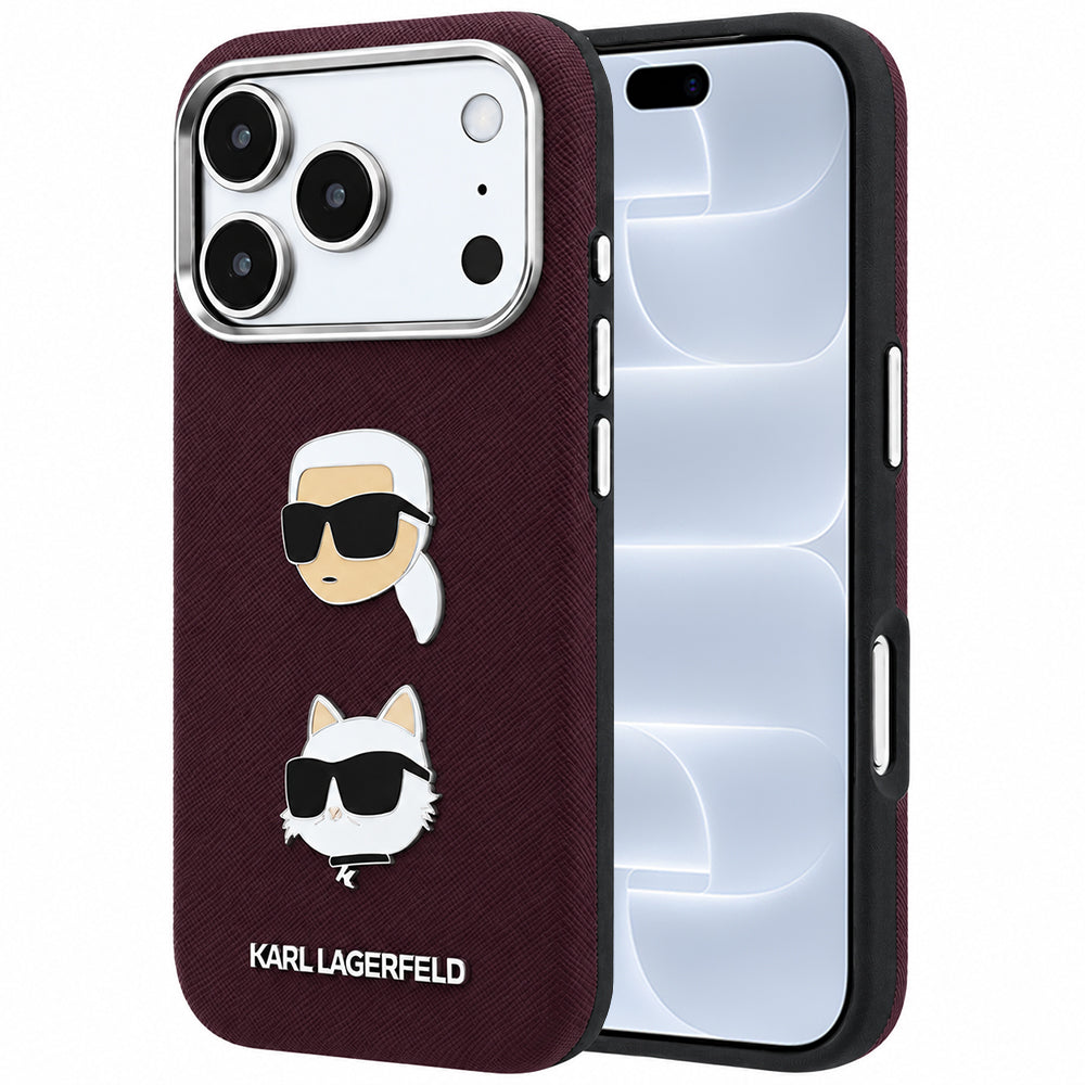Hoes voor Apple iPhone 18 Pro / 17 Pro, Karl Lagerfeld, Saffiano met Karl & Choupette Head's Pin en Logo, Bordeauxrood