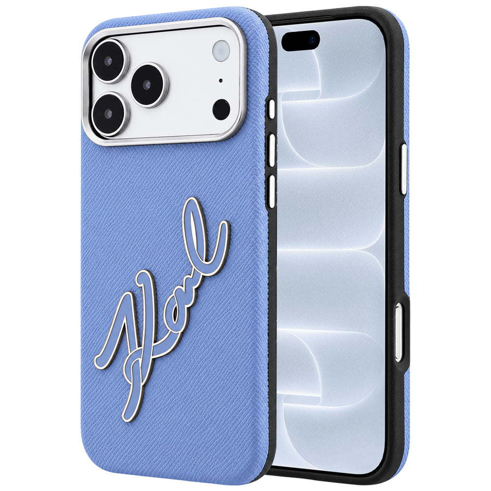 Hülle für Apple iPhone 18 Pro / 17 Pro, Karl Lagerfeld, glattes großes Harz-Signatur-Logo, Blau