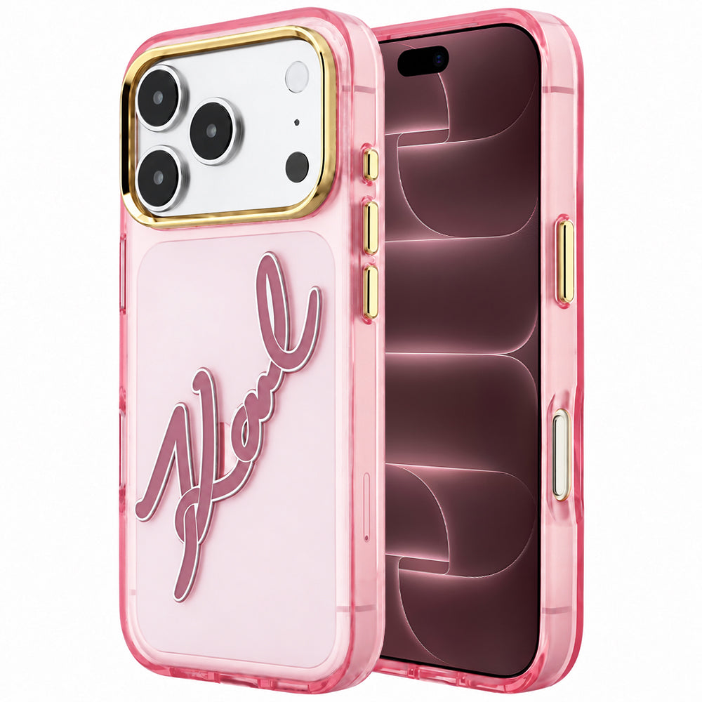 Hoesje voor Apple iPhone 18 Pro Max / 17 Pro Max, Karl Lagerfeld, IML Big Signature Resin Logo Metal Frame, Roze