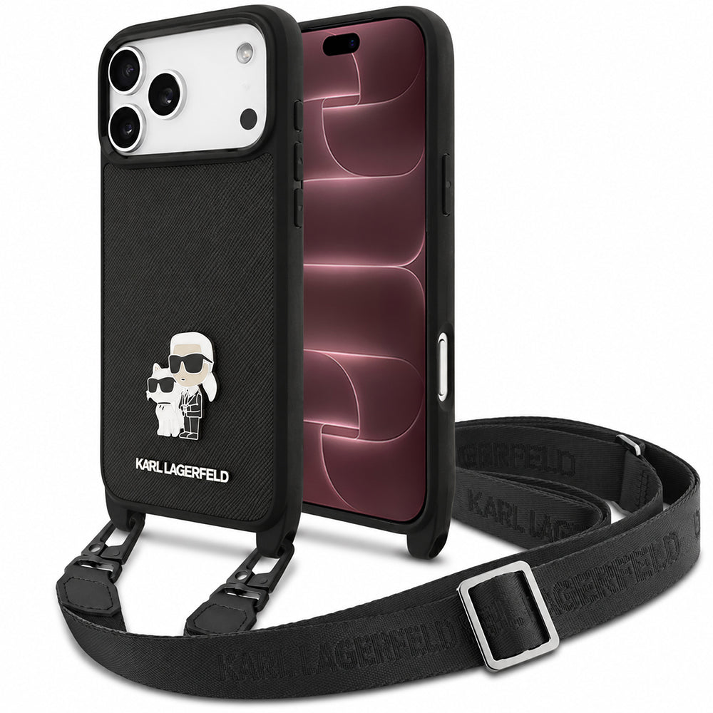 Hoesje voor Apple iPhone 18 Pro Max / 17 Pro Max, Karl Lagerfeld, Saffiano Crossbody Metal Pin Karl & Choupette, zwart