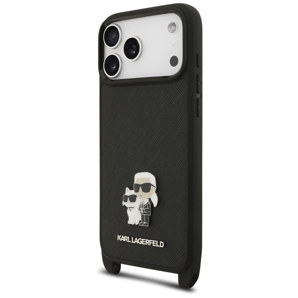 Hoesje voor Apple iPhone 18 Pro Max / 17 Pro Max, Karl Lagerfeld, Saffiano Crossbody Metal Pin Karl & Choupette, zwart