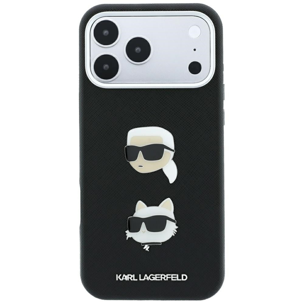 Hoes voor Apple iPhone 18 Pro Max / 17 Pro Max, Karl Lagerfeld, Saffiano met Karl & Choupette Head's Pin en Logo, Zwart