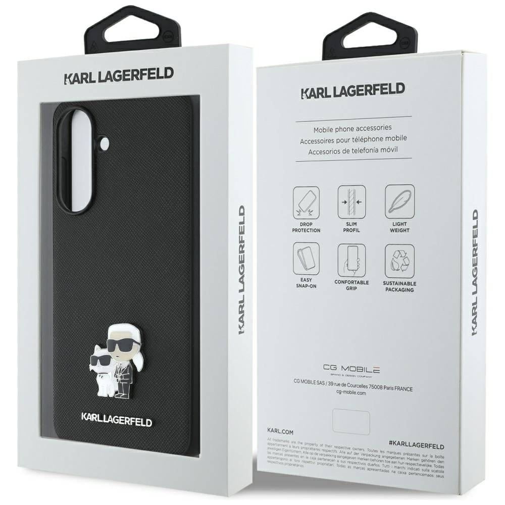 Étui pour Samsung Galaxy A56 A566, Karl Lagerfeld, Saffiano Karl & Choupette Metal, Noir