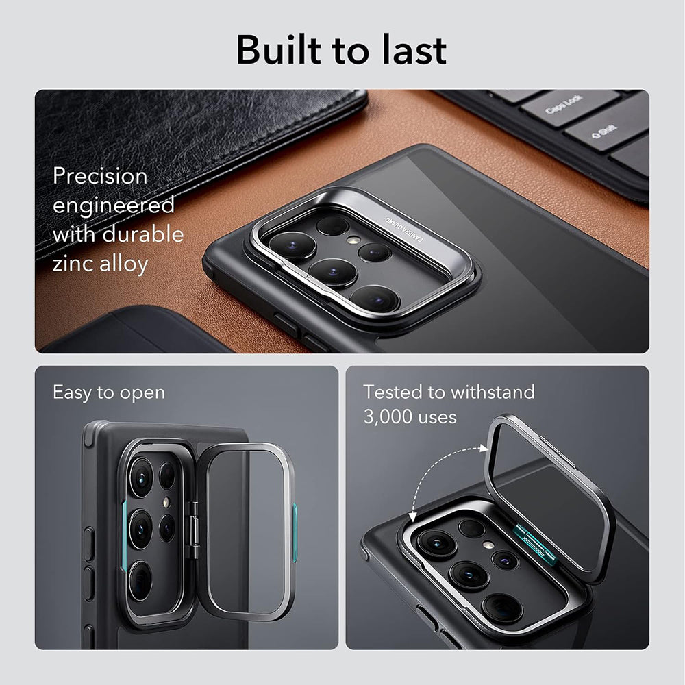 Hoes voor Samsung Galaxy S23 Ultra S918, ESR, Shock Armor Kickstand, Zwart Transparant