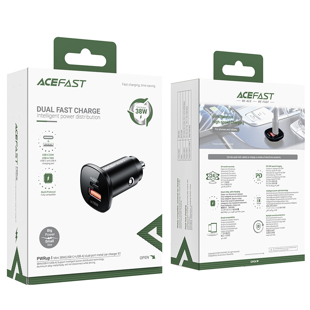 Auto-oplader Acefast B1, 38W, 3A, 1 x USB-A - 1 x USB-C, Zwart