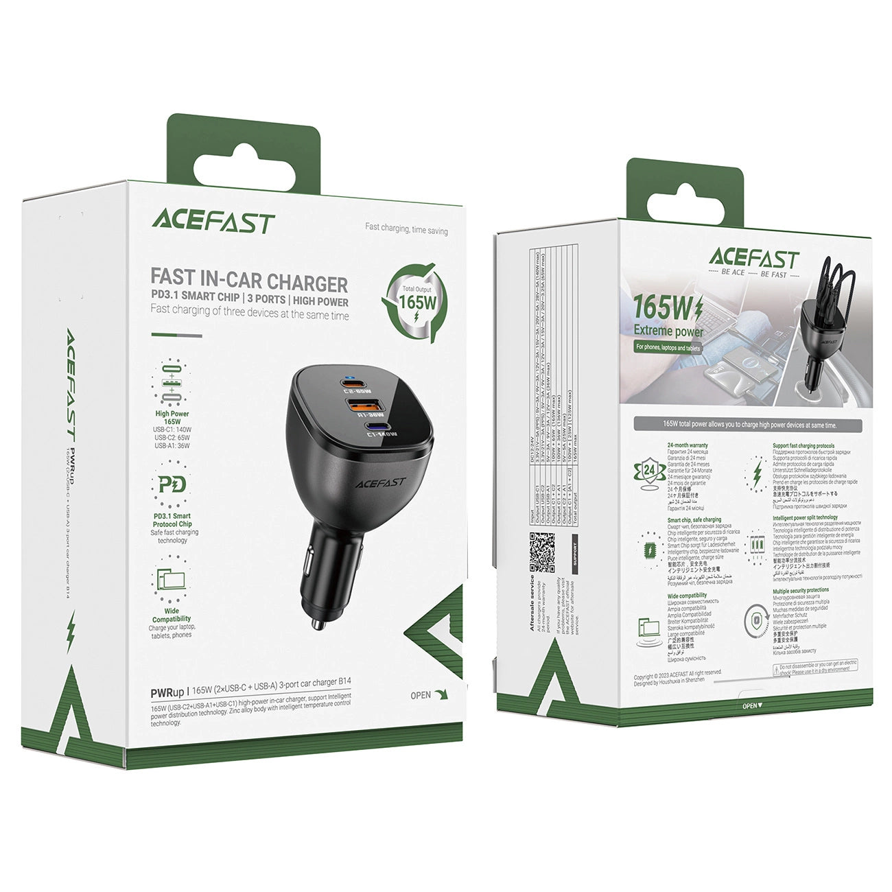 Auto-oplader Acefast B14, 165W, 5A, 1 x USB-A - 2 x USB-C, Zwart