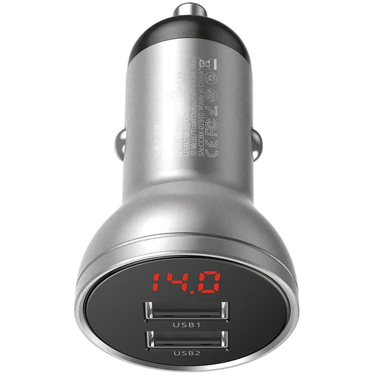 Chargeur de voiture Baseus Digital Display, 24W, 2.4A, 2 x USB-A, Argent CCBX-0S