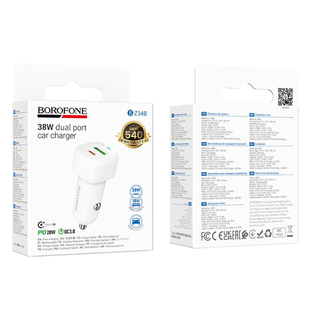 Auto-oplader Borofone BZ34B Cloud, 20W, 3A, 1 x USB-A - 1 x USB-C, Wit