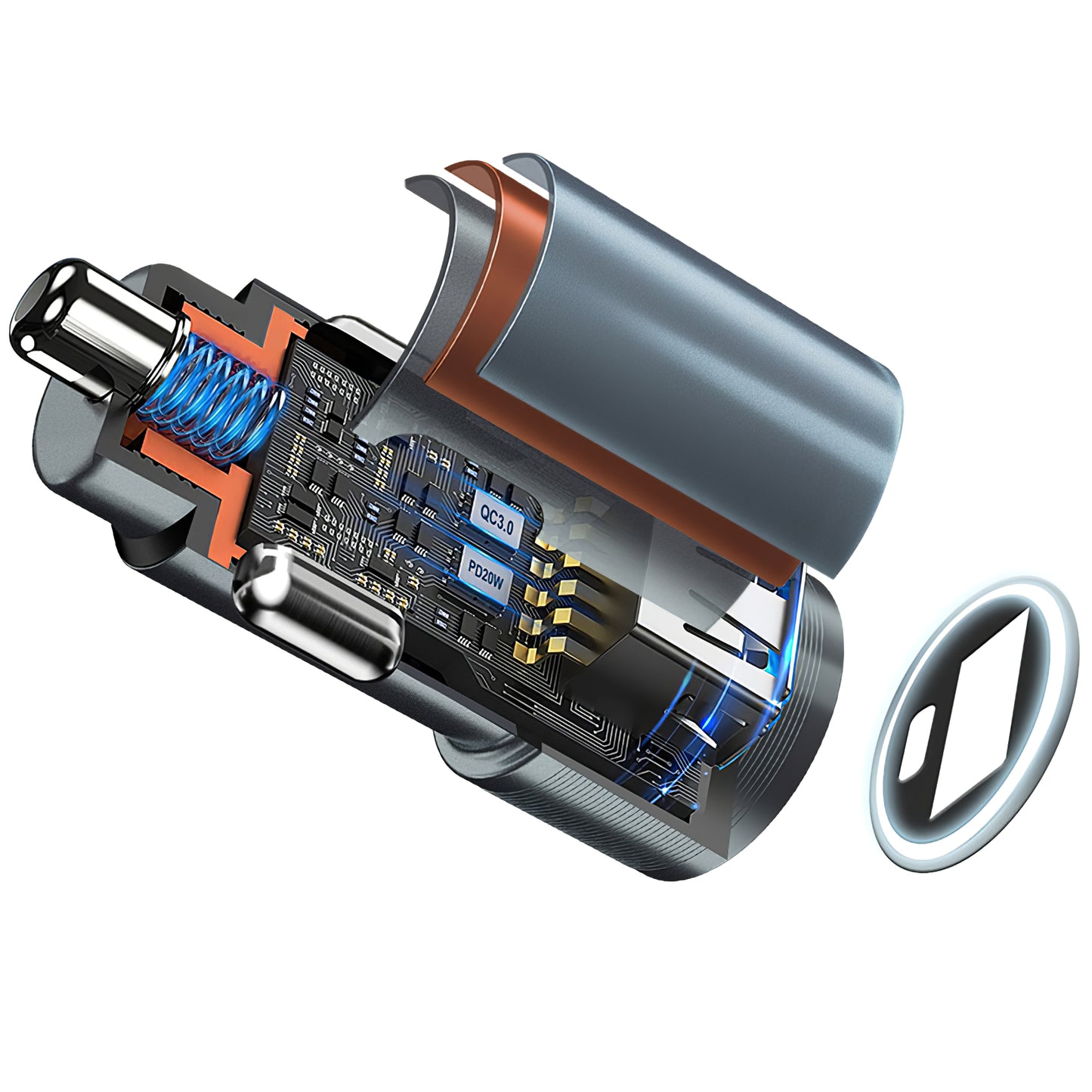 Car Charger BWOO BO-CC73, 38W, 3A, 1 x USB-A - 1 x USB-C, Silver