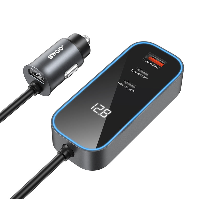 Auto Oplader BWOO CC107 Display, 120W, 3A, 2 x USB-A - 2 x USB-C, Zwart