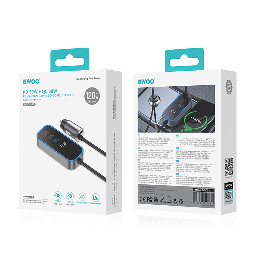 Auto Oplader BWOO CC107 Display, 120W, 3A, 2 x USB-A - 2 x USB-C, Zwart