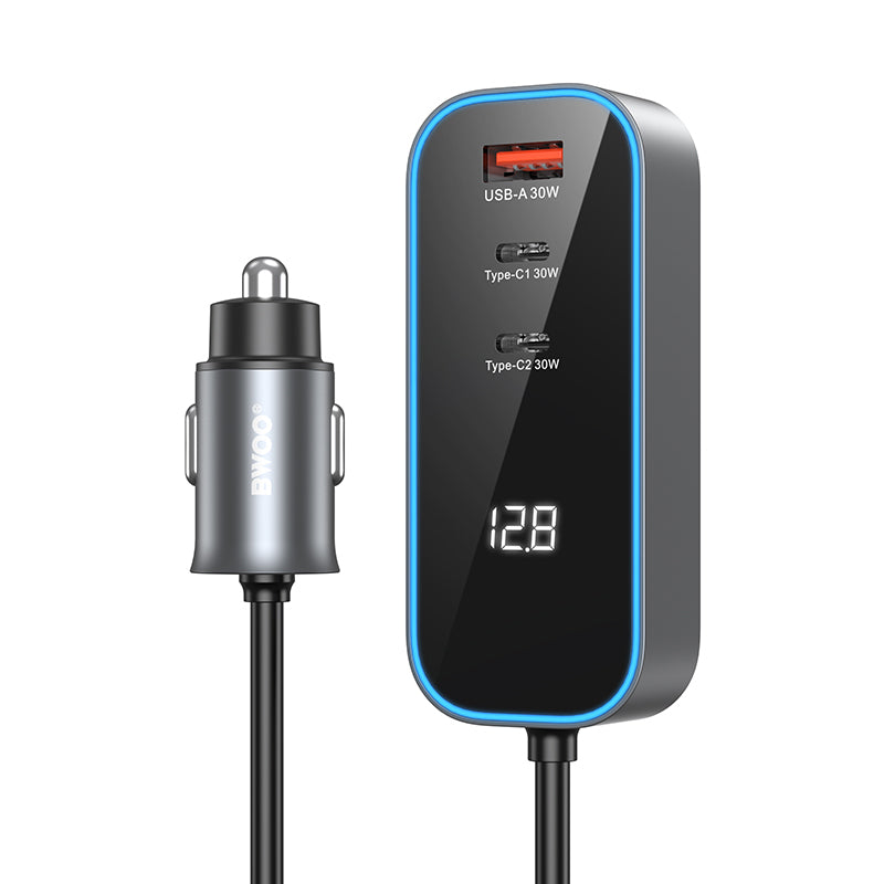 Auto Oplader BWOO CC107 Display, 120W, 3A, 2 x USB-A - 2 x USB-C, Zwart
