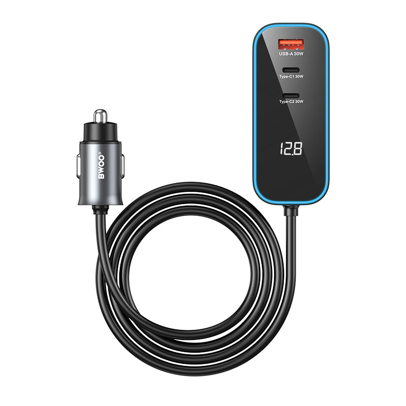 Auto Oplader BWOO CC107 Display, 120W, 3A, 2 x USB-A - 2 x USB-C, Zwart