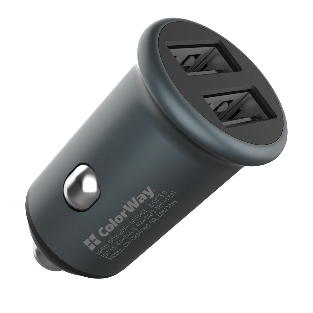 Chargeur Auto ColorWay, 36W, 3A, 2 x USB-A, Gris