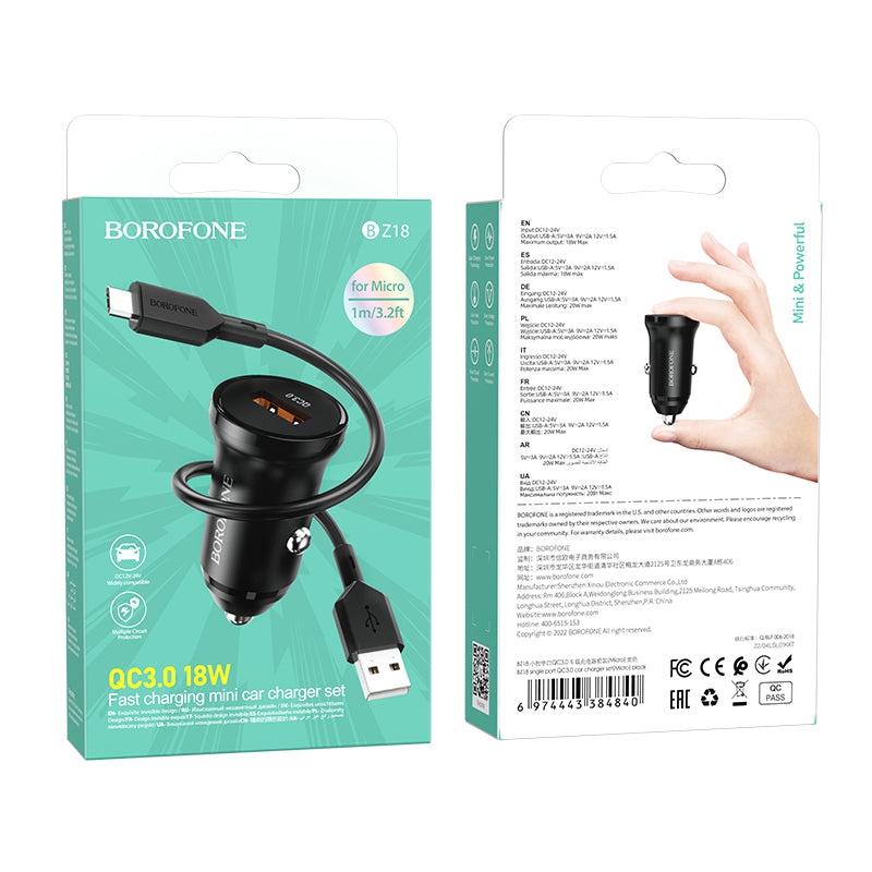 Car Charger with microUSB Cable Borofone BZ18, 18W, 3A, 1 x USB-A, Black