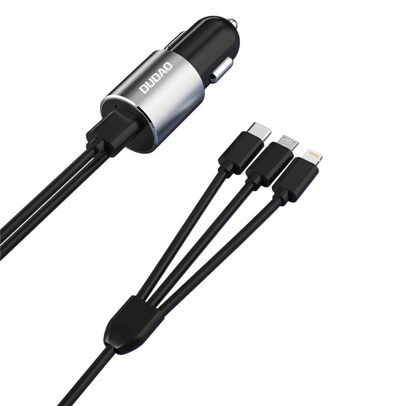 Chargeur Auto Avec Câble Lightning / microUSB / USB-C Dudao R5ProN, 17W, 3.4A, 1 x USB-A, Noir