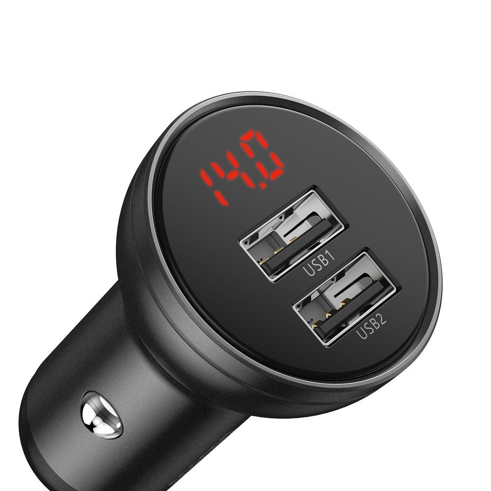 Chargeur de voiture avec câble Lightning - microUSB - USB-C Baseus Digital Display, 24W, 2.4A, 2 x USB-A, Gris TZCCBX-0G