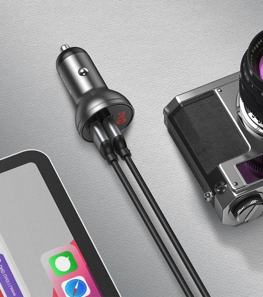 Chargeur de voiture avec câble Lightning - microUSB - USB-C Baseus Digital Display, 24W, 2.4A, 2 x USB-A, Gris TZCCBX-0G