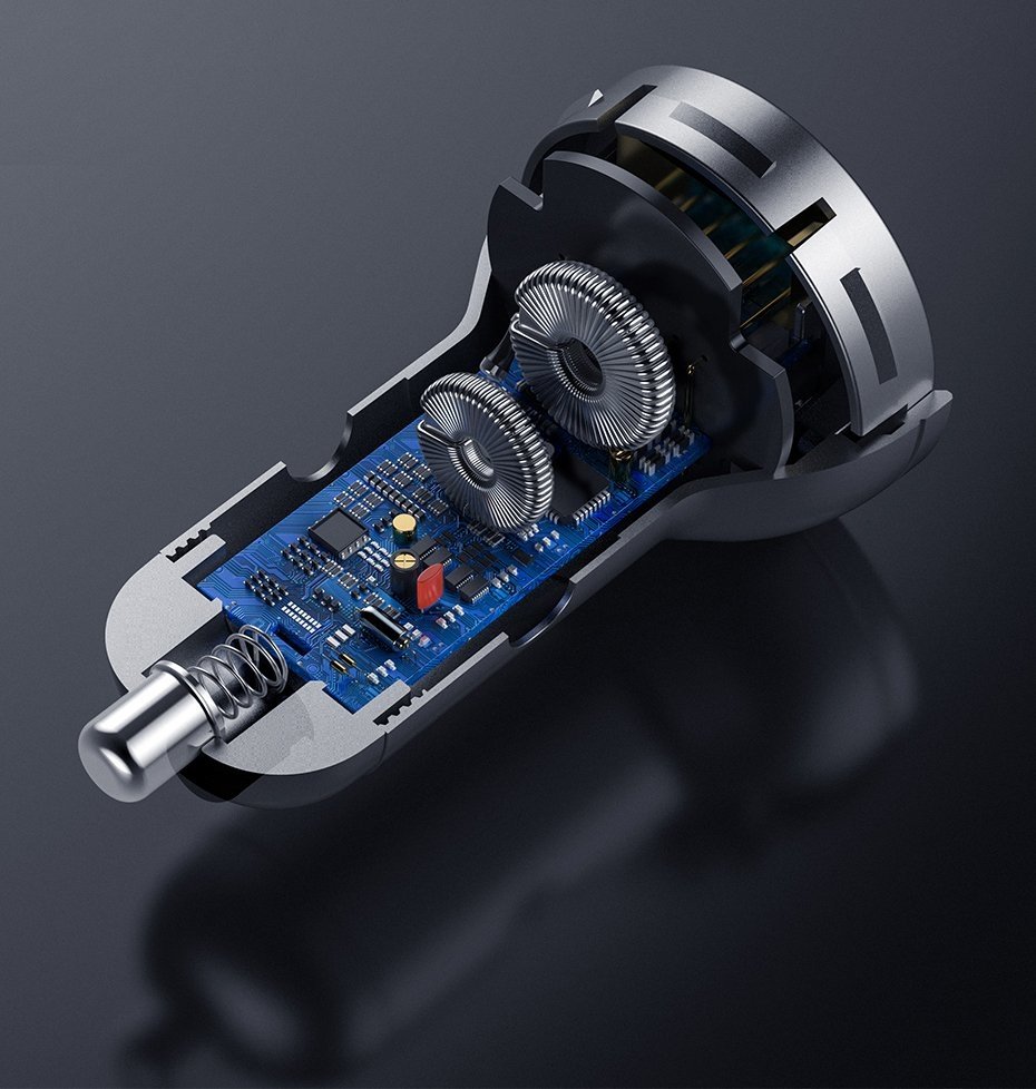 Chargeur de voiture avec câble Lightning - microUSB - USB-C Baseus Digital Display, 24W, 2.4A, 2 x USB-A, Gris TZCCBX-0G