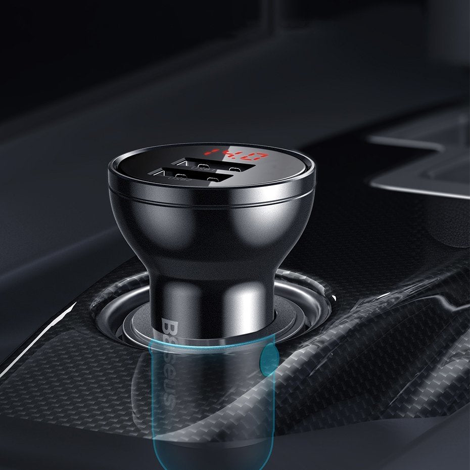 Chargeur de voiture avec câble Lightning - microUSB - USB-C Baseus Digital Display, 24W, 2.4A, 2 x USB-A, Gris TZCCBX-0G