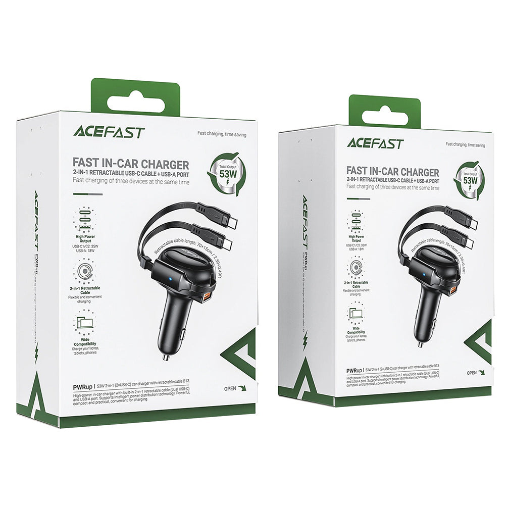 Auto-oplader met USB-C kabel Acefast B13, 53W, 3A, 1 x USB-A, Zwart