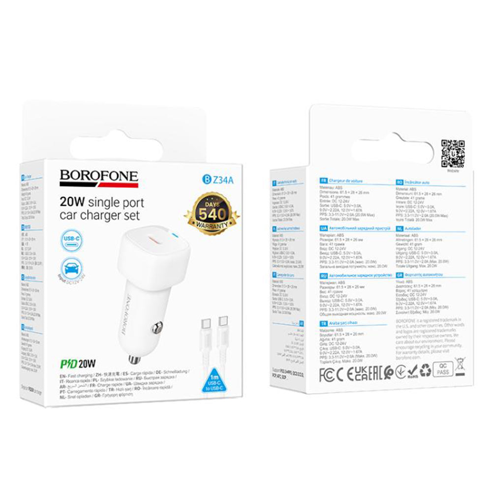 Auto-Ladegerät mit USB-C Kabel Borofone BZ34A Cloud, 20W, 3A, 1 x USB-C, Weiß