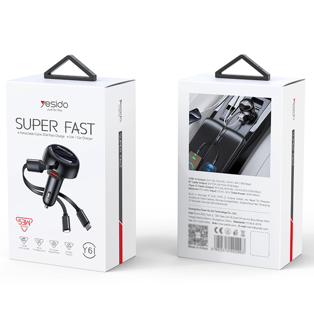 Autolader met USB-C / Lightning-kabel Yesido Y61, 53W, 3A, 1 x USB-A, Zwart