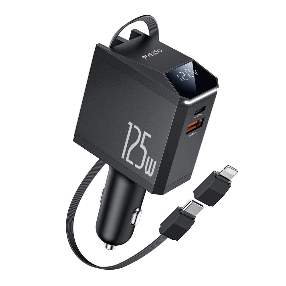 Chargeur de voiture avec câble USB-C / Lightning Yesido Y71 Display, 125W, 3A, 1 x USB-A - 1 x USB-C, Noir