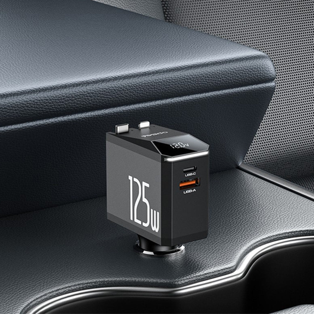 Chargeur de voiture avec câble USB-C / Lightning Yesido Y71 Display, 125W, 3A, 1 x USB-A - 1 x USB-C, Noir