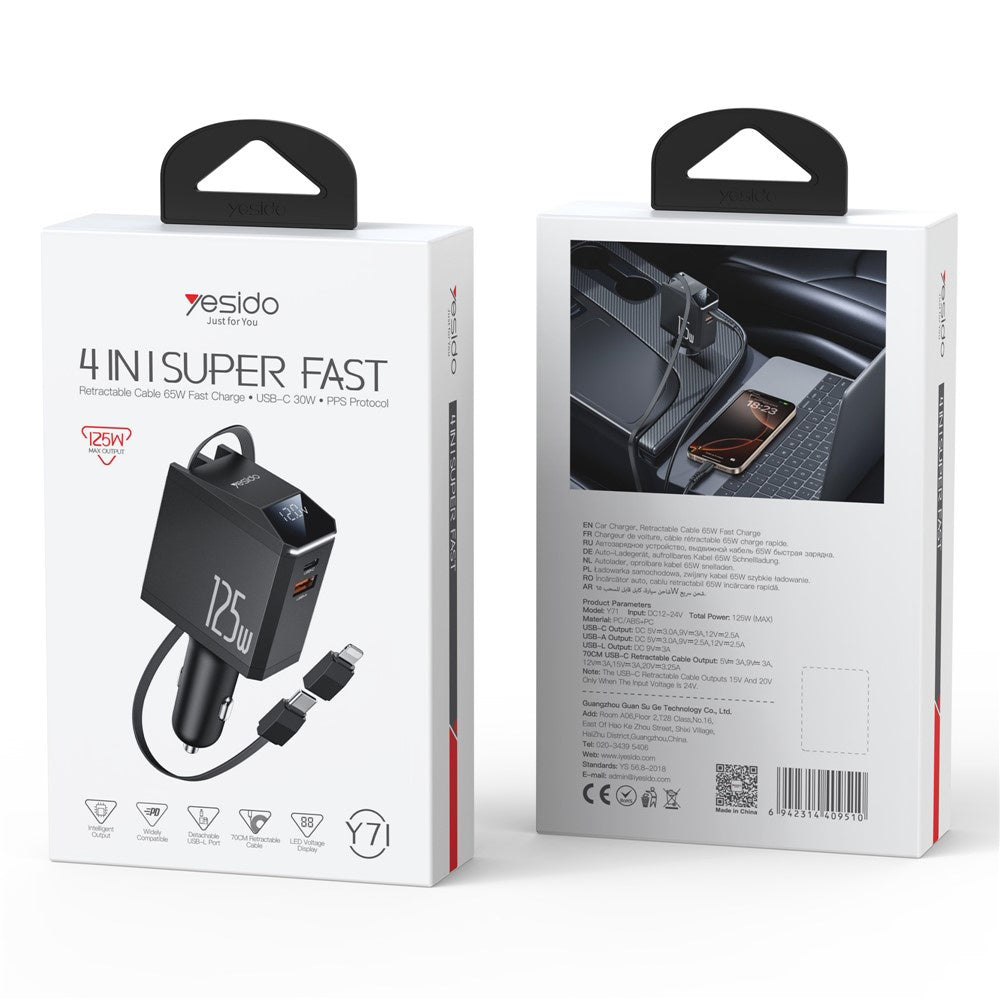 Chargeur de voiture avec câble USB-C / Lightning Yesido Y71 Display, 125W, 3A, 1 x USB-A - 1 x USB-C, Noir