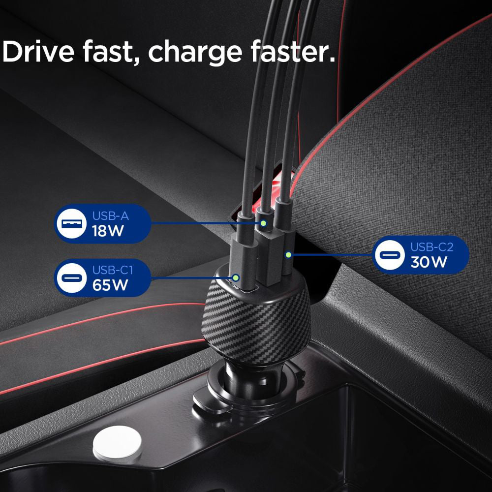 Chargeur de voiture avec câble USB-C Spigen EV1133, 113W, 3.25A, 1 x USB-A - 2 x USB-C, Noir