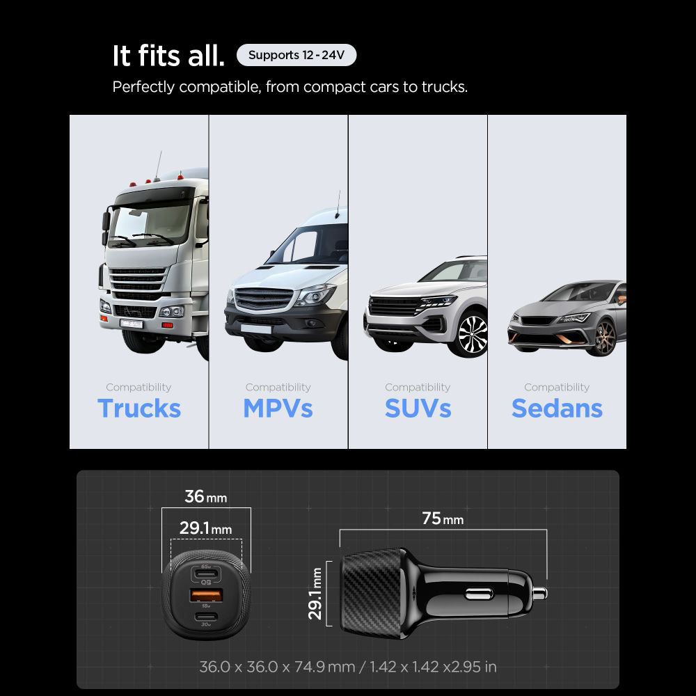 Chargeur de voiture avec câble USB-C Spigen EV1133, 113W, 3.25A, 1 x USB-A - 2 x USB-C, Noir