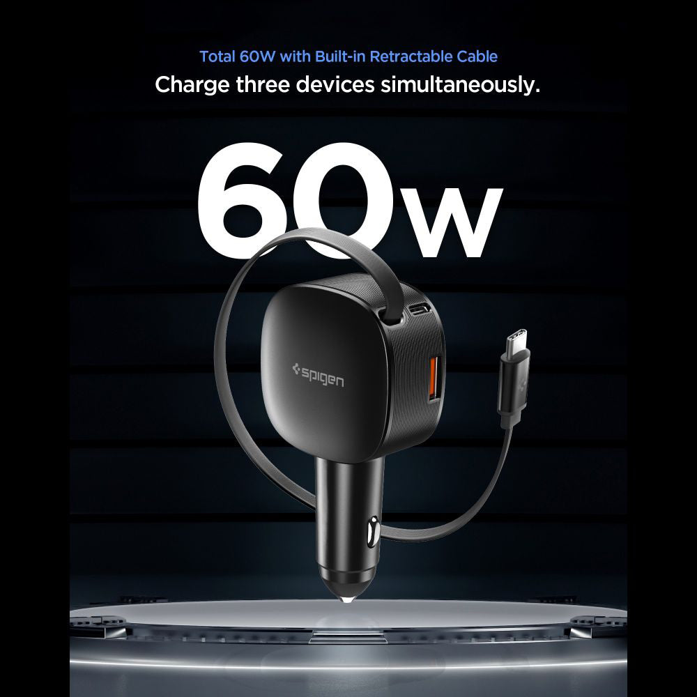 Chargeur Auto Avec Câble USB-C Spigen EV603BT Essential, 60W, 3A, 1 x USB-A - 1 x USB-C, Noir ACP10515