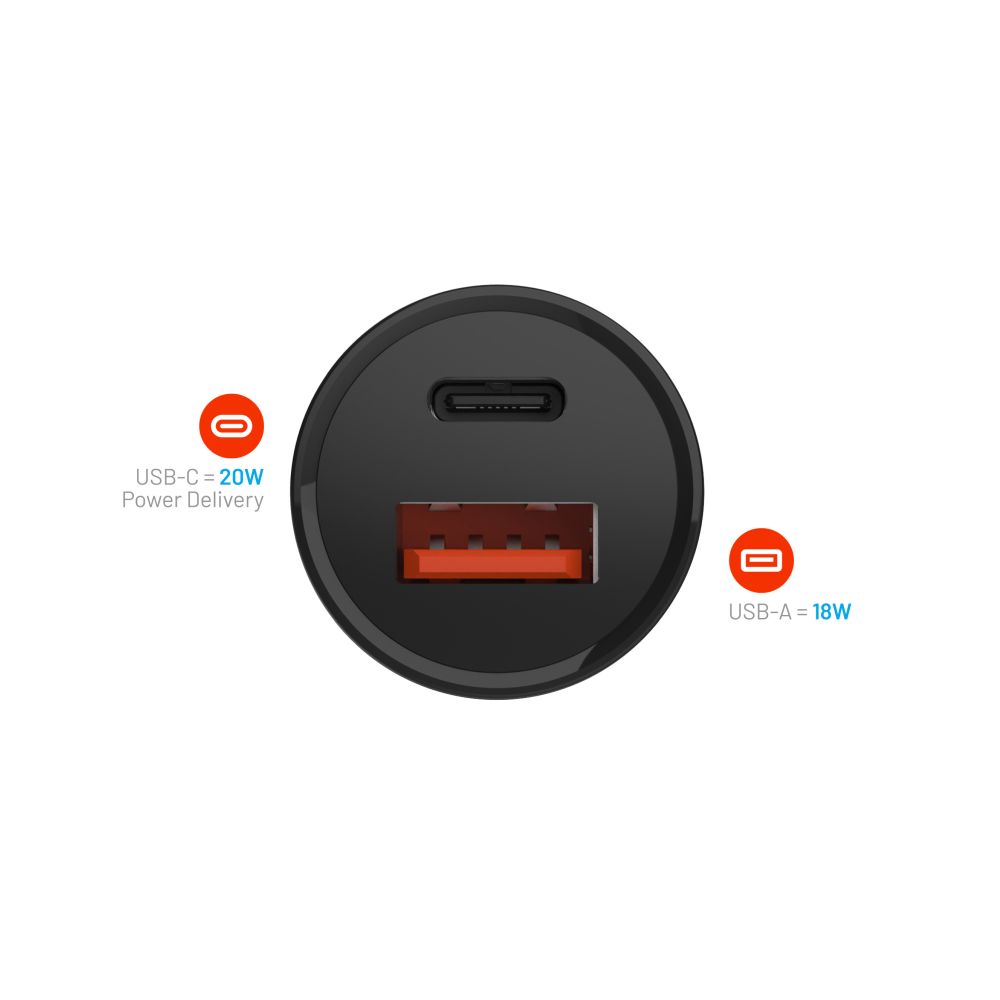 Auto-Ladegerät Fixed, 20W, 3A, 1 x USB-A - 1 x USB-C, Schwarz