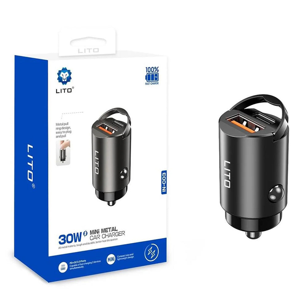 Chargeur Auto Lito IN-C03, 30W, 3A, 1 x USB-A - 1 x USB-C, Noir