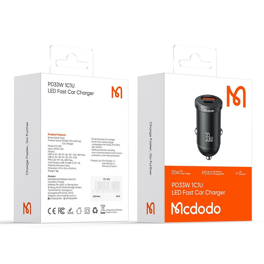 Chargeur de voiture McDodo CC-2320 Cool, 33W, 3A, 1 x USB-A - 1 x USB-C, Noir