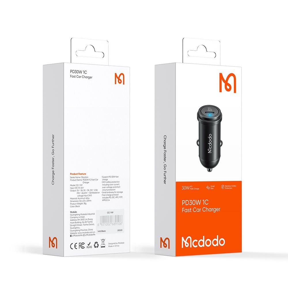 McDodo CC-7491 Obsidian Car Charger, 30W, 3A, 1 x USB-C, Black