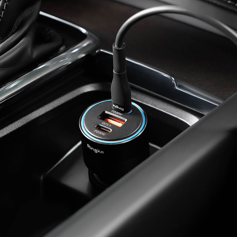 Chargeur de voiture Ringke, 30W, 3A, 1 x USB-A - 2 x USB-C, Noir