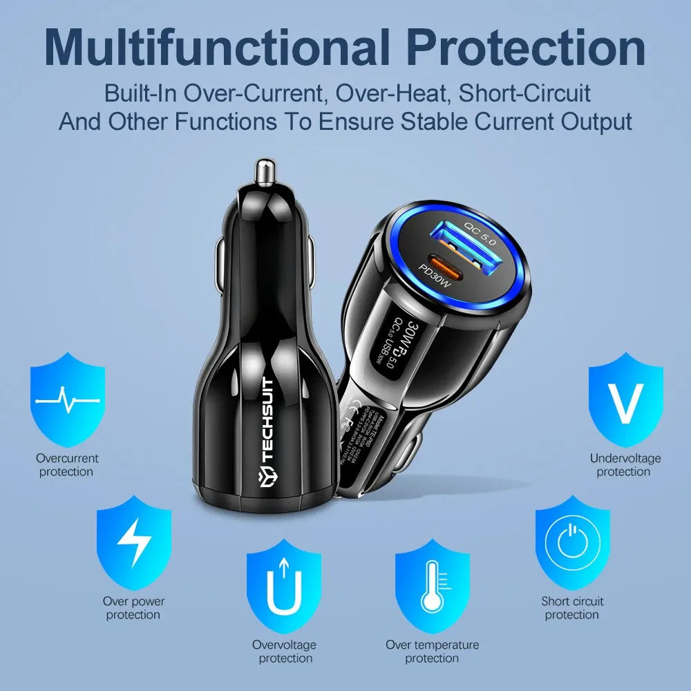Chargeur Auto Techsuit TE-022 Premium, 60W, 3A, 1 x USB-A - 1 x USB-C, Noir
