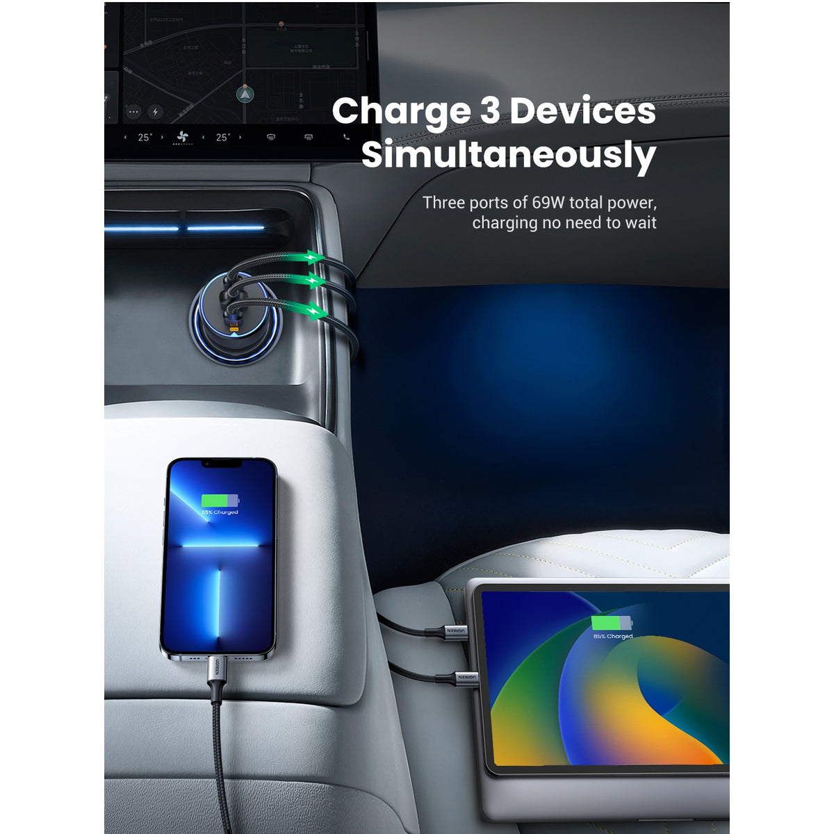 KFZ-Ladegerät UGREEN EC703, 75W, 3.25A, 1 x USB-A - 2 x USB-C, Schwarz