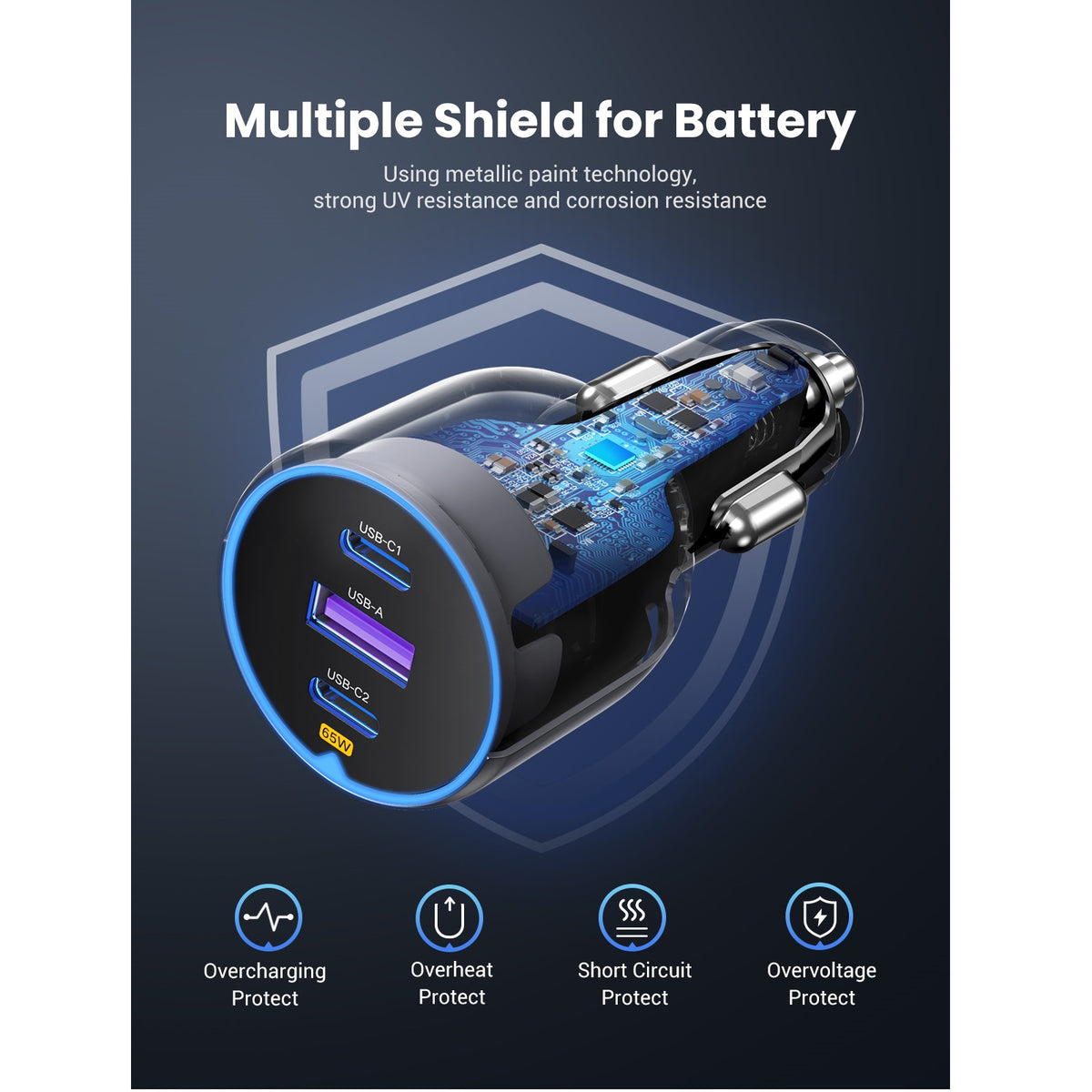 KFZ-Ladegerät UGREEN EC703, 75W, 3.25A, 1 x USB-A - 2 x USB-C, Schwarz