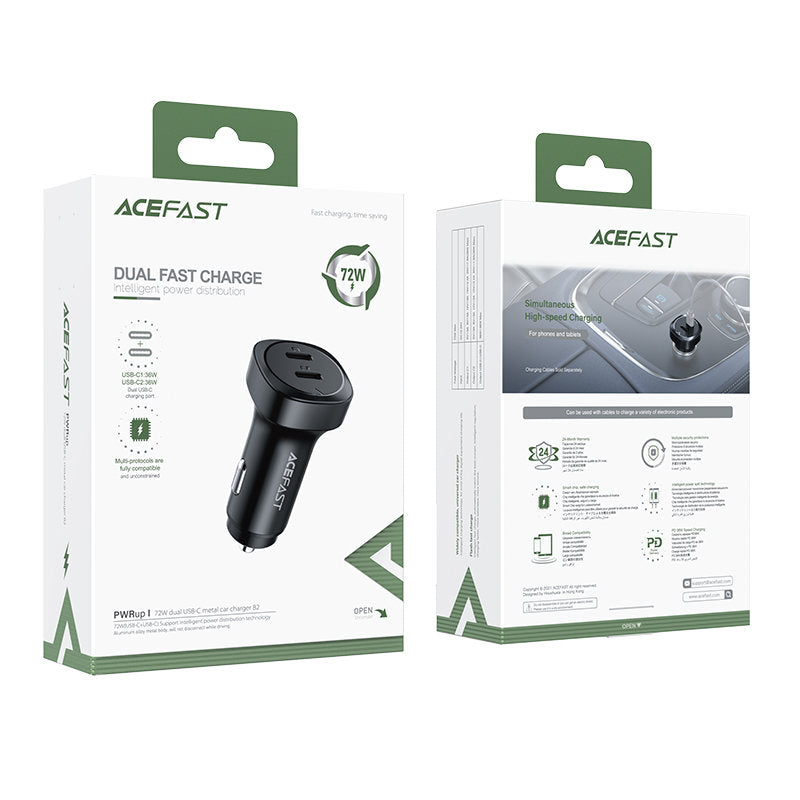 Auto Oplader Acefast B2, 72W, 3A, 2 x USB-C, Zwart