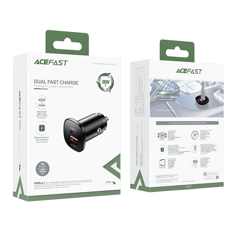Auto-oplader Acefast B1, 38W, 3A, 1 x USB-A - 1 x USB-C, Zwart