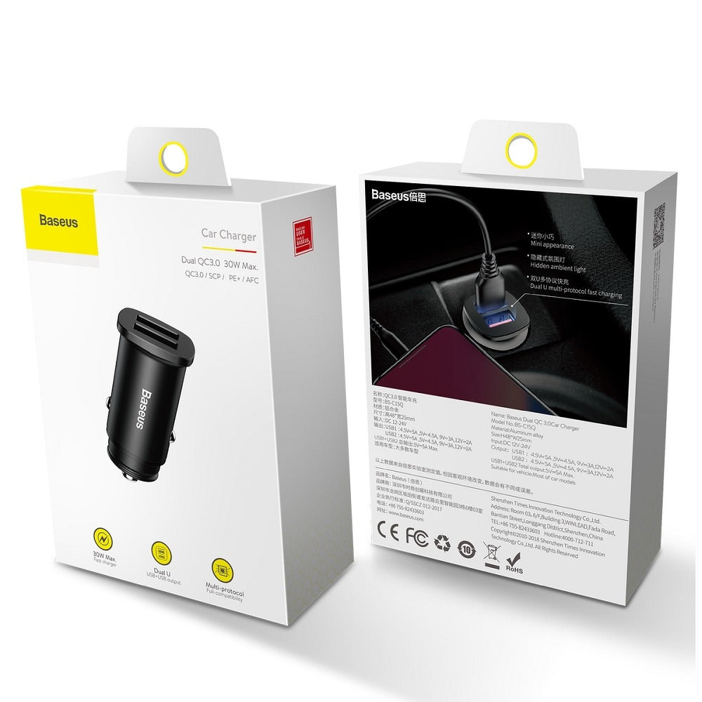 Autolader Baseus BS-C15Q, 30W, 5A, 2 x USB-A, Zwart CCALL-DS01