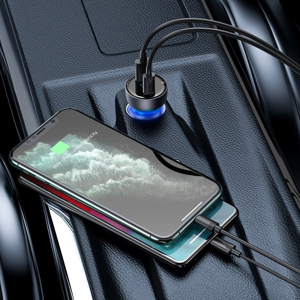 Baseus KFZ-Ladegerät 65W | 1x USB-A & 1x USB-C | Grau | Digital-Display