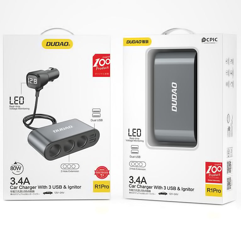 Dudao R1 Pro KFZ-Adapter Zigarettenanzünder | 3 Ausgänge & 2x USB-A | Display